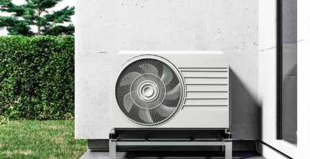 close-up heat pump placed outside a house